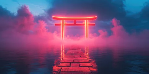 Selbstklebende Fototapeten Neon Torii gate on water, misty landscape. Japanese culture, spiritual, surreal concept. Use for travel, cultural, and fantasy art blogs. © Oksana