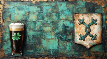 Stout, shamrock, St Patrick's Day on vintage aged green background for food blogs, Irish holidays and festive social media posts related to Irish culture, beer, food and drink.