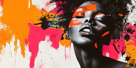 Obraz premium Eclectic Portrait of African American Woman with Bold Paint Strokes Expressing Inner Emotion Strength