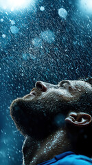 Striking image of a man standing in the rain captured in silhouette during a soccer match with dramatic atmosphere