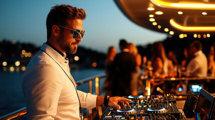 A DJ with stylish sunglasses mixes music onboard a luxury yacht, igniting an energetic atmosphere during a vibrant sunset party cruise.