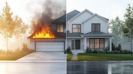 A house shown in a split image, with views before and after a major fire, symbolizing loss, resilience, insurance, reconstruction, and renewal
