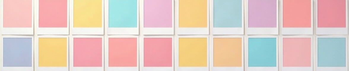 Multiple pastel square polaroids arranged in grid, organized, grid