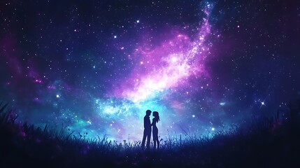 Fototapeta premium Romantic Couple Silhouette Under a Vibrant Starry Sky with a Colorful Galaxy