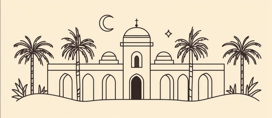 Obraz premium A Ramadan Kareem background featuring line art. Contemporary Islamic greeting card template and wallpaper design. Poster and media banner illustration