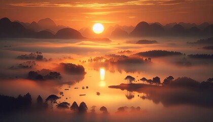Sunrise Behind a Foggy Lagoon &ndash; A hazy lagoon glowing faintly