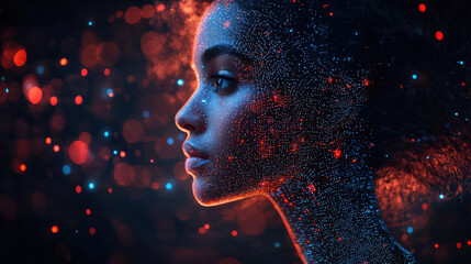 This features digital representation of woman profile, with vibrant display of lights and particles creating futuristic effect. interplay of colors evokes sense of technology and innovation