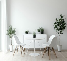 Minimalist dining area with white furniture and potted plants.
