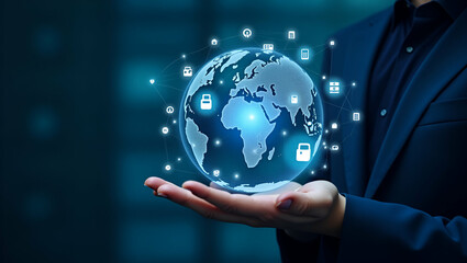 Flat Holographic Globe Illustration: Showcasing Interconnected Network Icons and Server Visuals for Digital Infrastructure and Network Management in a Cute Vector Style