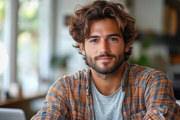 Obraz premium A young man with curly hair and a charming smile sits comfortably in a cozy cafe, engaging in conversation while enjoying a relaxed atmosphere.