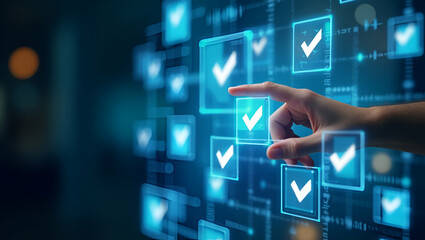 Streamline Your Digital Workflow: Hand Tapping Holographic Checkmarks and Crosses for Efficient Document Verification in a Smart Business Environment - Cute Vector Illustration
