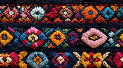 Close-up of colourful Peruvian embroidered fabric with geometric and floral seamless patterns. Use for textile, craft and cultural websites and blogs.