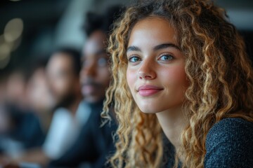 Fototapeta premium A young woman with curly hair smiles while engaged in conversation. Her inviting expression reflects confidence and curiosity in a social setting.
