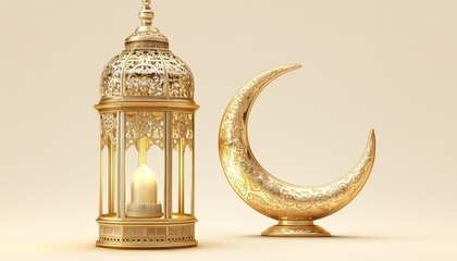 Ornamental Gold Lantern and Crescent Moon on Beige Background