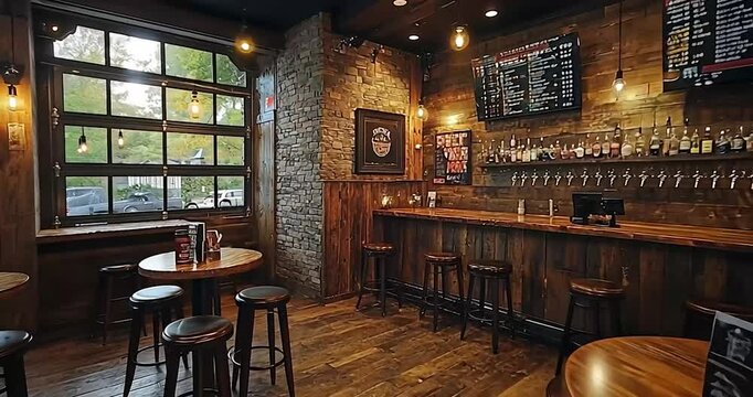 Rustic bar interior with wood accents, large windows, and a menu board.  Possible use for restaurant promotional materials or bar/restaurant stock photography