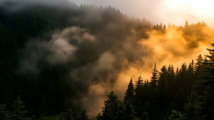 A misty mountain landscape covered in dense evergreen forests, with golden sunlight breaking through the fog, creating a mystical and serene atmosphere.  
