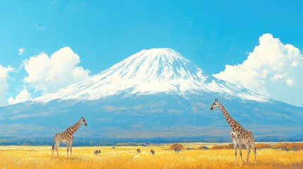 Giraffes in a savanna landscape with Mount Kilimanjaro in the background, sunny day, wildlife and travel theme