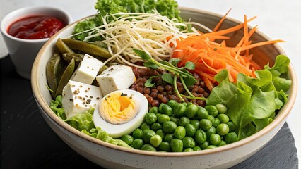 Aerial Drone Shot: Vibrant Vegetable Bowl - Lentils, Beans, Sprouts, Quail Egg, Cheese, Lettuce