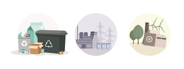 Recycling Trash Bins. Industrial facility. Eco friendly industry operating.