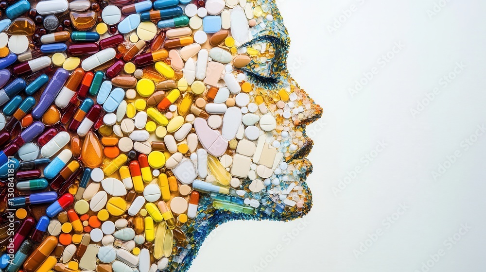 Aufkleber intricate mosaic art forming a human silhouette using colorful pills with a creative arrangement and