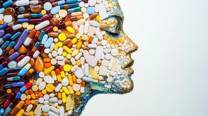Intricate mosaic art forming a human silhouette using colorful pills with a creative arrangement and artistic detail Generative AI