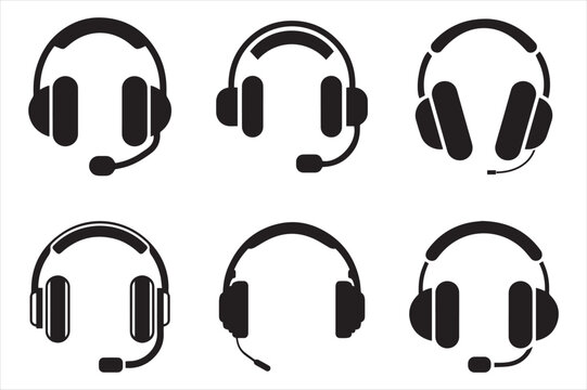 Modern headphones set of icon a dJ, disco, and customer support emblem silhouette vector illustration