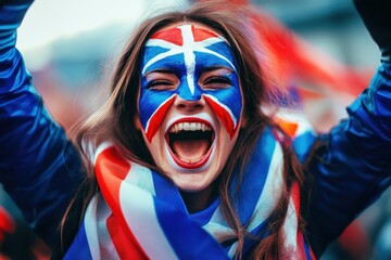 Excited Eurovision fan joyfully celebrates with painted face and colorful scarf at lively outdoor event. Generative AI