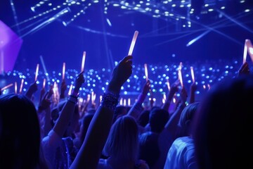 Electrifying atmosphere as Eurovision fans unite with vibrant light sticks during a mesmerizing live performance in the arena. Generative AI