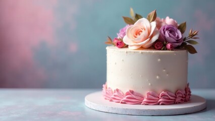 Fototapeta premium Deliciously decorated single-tiered cake adorned with delicate sugar roses and pink frosting swirls