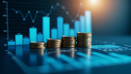 Flat Stacks of coins alongside digital spreadsheets in holographic display representing financial planning in business finance departments concept as Stacks of coins with digital spreadsheets in holog
