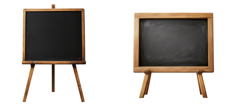 Blackboard with a wooden frame on a stand, isolated on a transparent background  
