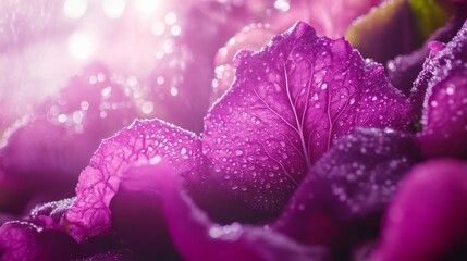 Ultra close up of vibrant lettuce heads beneath purple LED grow lights in vertical hydroponic system, water droplets glistening on leaf surfaces, nutrient mist creating ethereal atmosphere, clean
