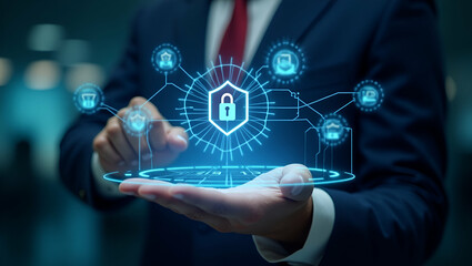 Showcasing ISO 27001 Compliance Certification with Holographic Interface: Advanced Security Tools in Photo Stock