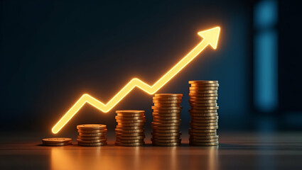 Digital Economic Dashboard: Glowing Coins and Rising Inflation Arrow - Visualizing Economic Trends and Metrics with Stock Photo Concept and Space for Customization