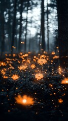 Naklejka premium Magical forest flowers at night