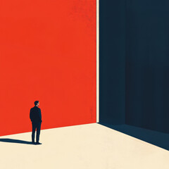 man stands in contemplation before large red wall, contrasting with dark background, evoking feelings of introspection and choice