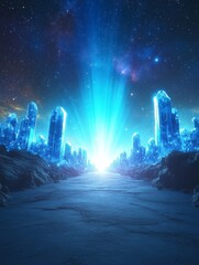 Fototapeta premium Celestial Crystal Fracture - An abstract portrayal of a vivid burst of blue crystals in space, emitting energy and light