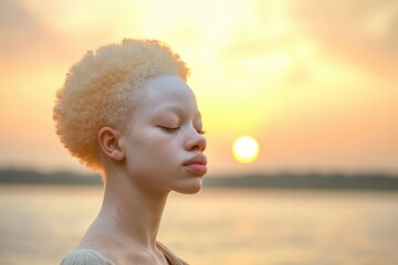 Gentle expression captured at sunset with an African albino woman embracing the beauty of nature and tranquility. Generative AI