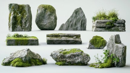 Assortment of ancient stone pieces with centuries-old moss growth, varied stone shapes from flat slabs to rough boulders, multiple species of moss creating different textures and heights,