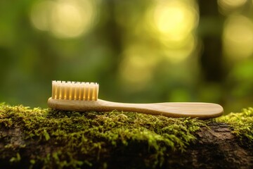 A sustainable bamboo toothbrush rests on moss-covered wood in a sun-dappled forest.
