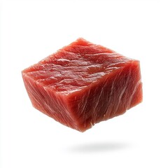 Flying tuna steak, isolated on a white background, adding a dynamic and playful element.