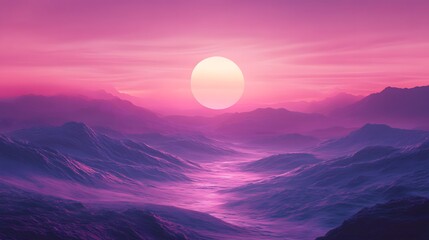 A vibrant sunset illuminates a mountain range with a glowing orb