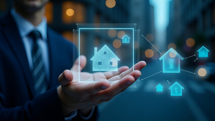 Exploring Property and Mortgage Options with Advanced Holographic Real Estate Tools: A Professional Visualization Concept for Photo Stock with Empty Space on the Left Side