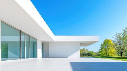 Fototapeta premium Modern Architectural Design of Contemporary House with Sliding Glass Doors and Private Garden Oasis