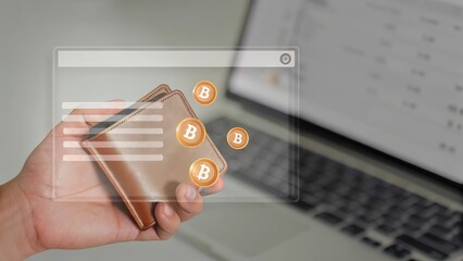 Digital wallet with Bitcoin icons overlaid, representing cryptocurrency transactions and technology.