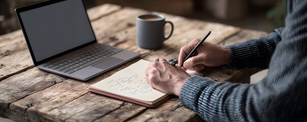 Person writing notes next to a laptop and a cup of coffee