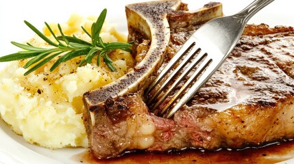 Close-Up of Tender Ribeye Steak with Juices and Mashed Potatoes