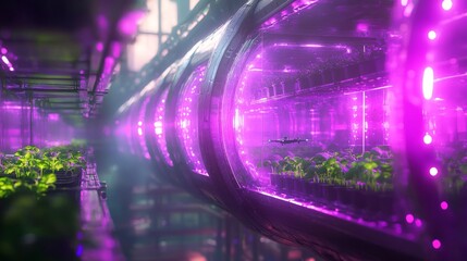Fototapeta premium Transparent vertical farming pods stretching into infinity, rows of vibrant microgreens basking under purple LED grow lights, misty hydroponic systems releasing perfect water droplets, futuristic