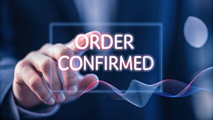 Order confirmation displayed with a hand interacting digitally.