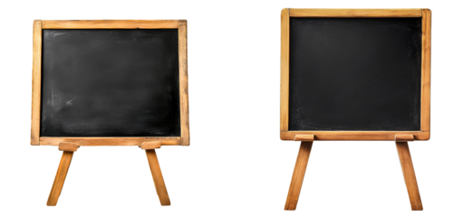 Blackboard with a wooden frame on a stand, isolated on a transparent background